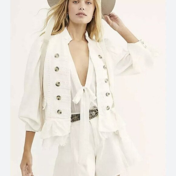 Free People Jackets & Blazers - Free People White Arian Fringe Embroidered Military Style Jacket Sz Sm